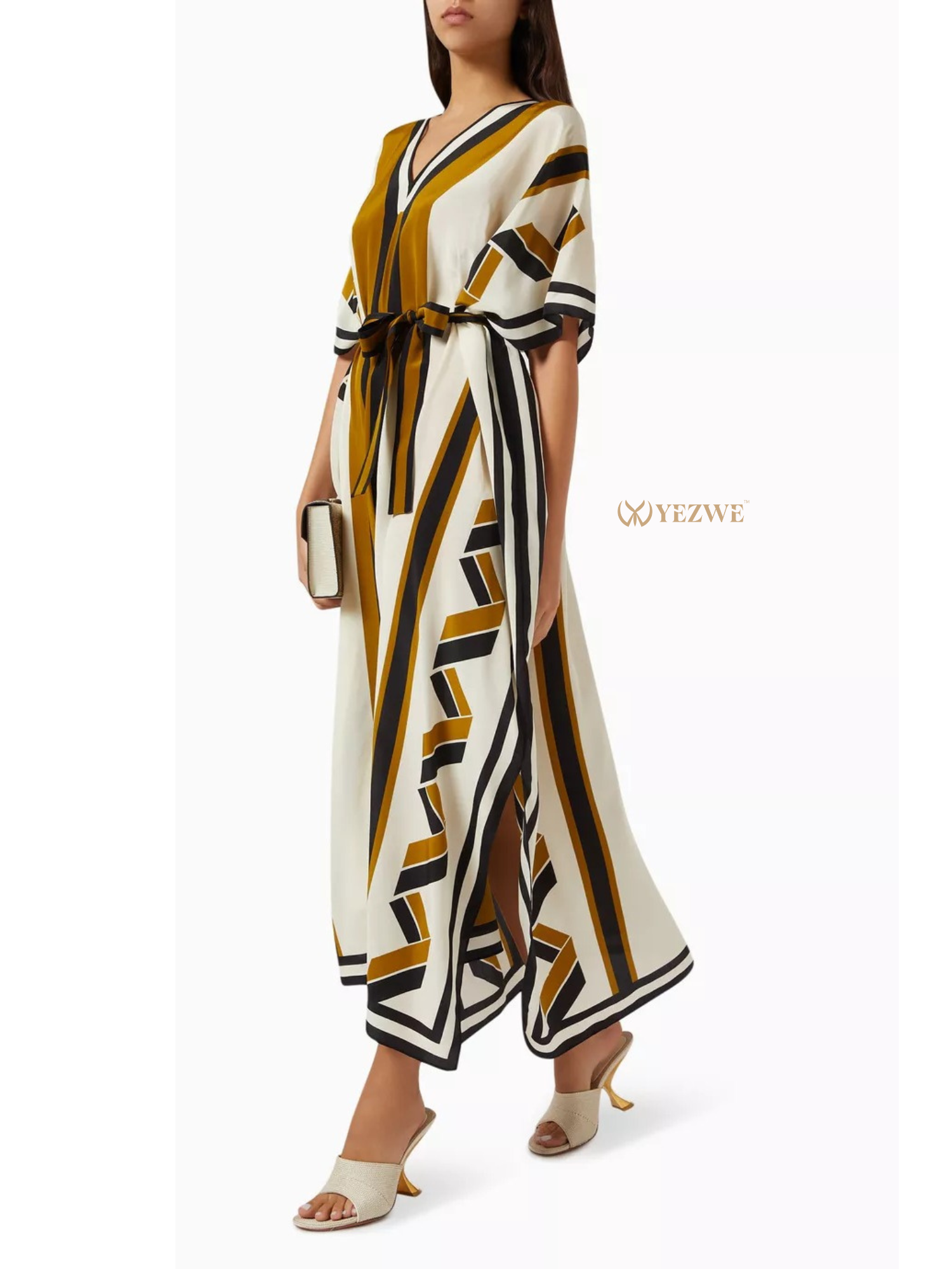 Stylish YEZWE Modest Kaftan with Bold Stripes and Adjustable Tie for Elegant Outings