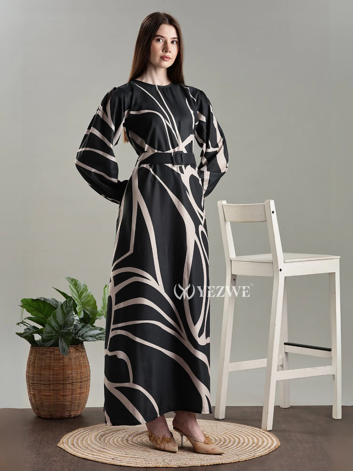 Yezwe Modest long Maxi Gown Dress in black with abstract cream patterns and balloon sleeves