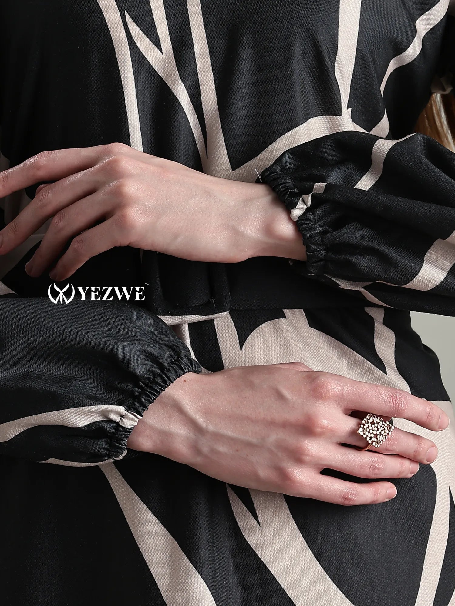 Yezwe Modest long Maxi Gown Dress with elegant sleeves and stylish tree print design