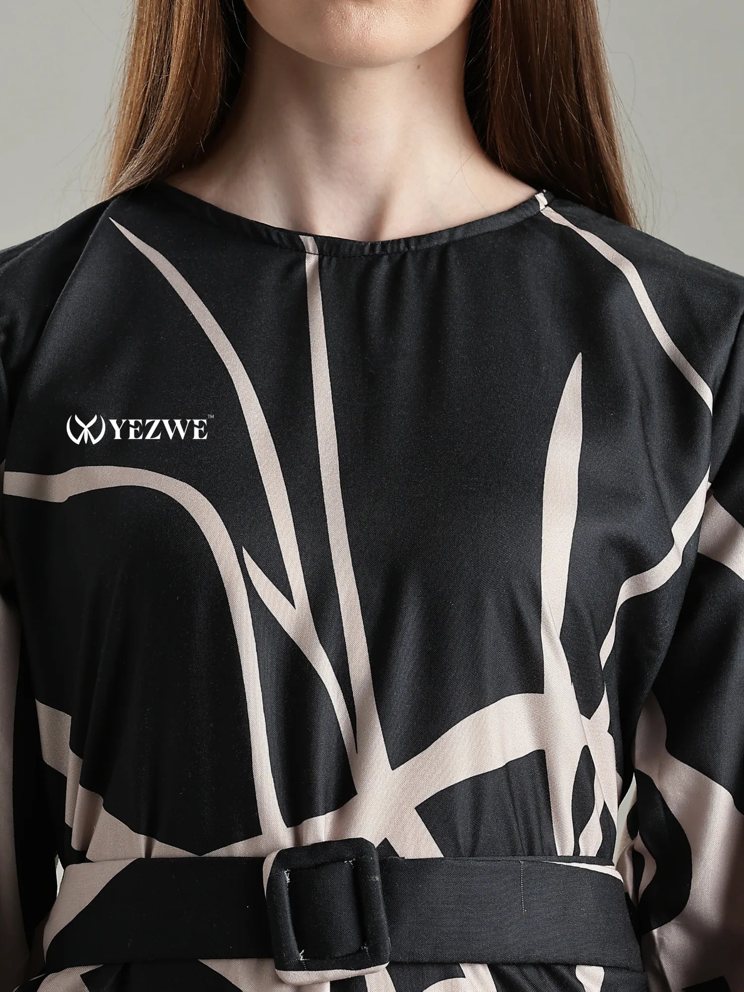 Yezwe Modest long Maxi Gown Dress with elegant floral design and cinched waist accent