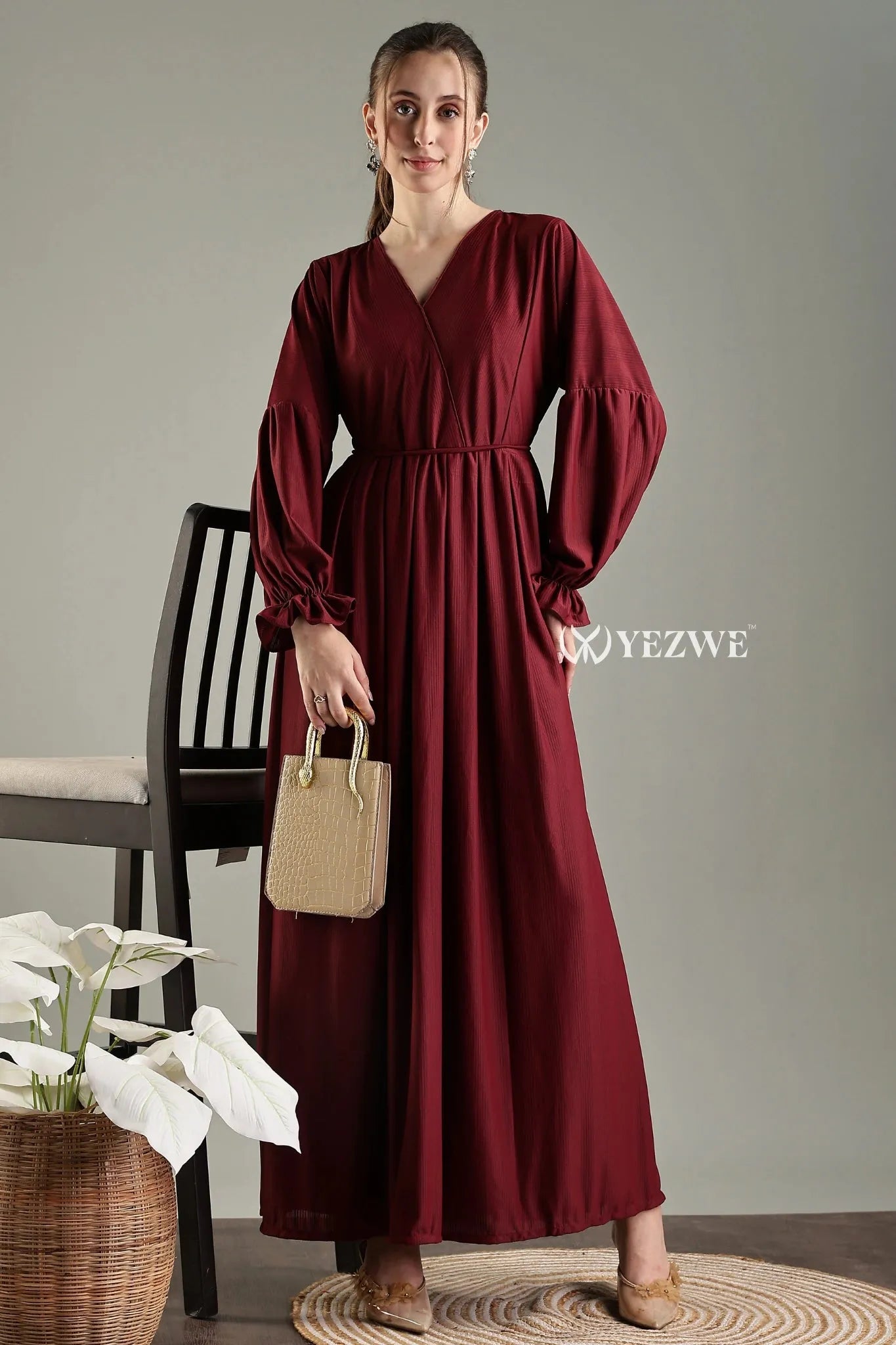 YEZWE modest long sleeve maxi maroon dress featuring a flattering waist and stylish puff sleeves