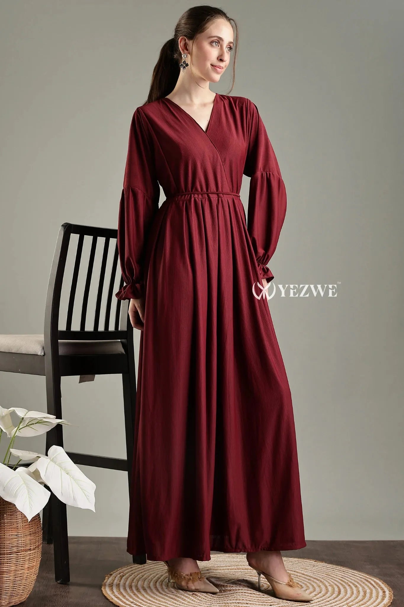YEZWE modest long sleeve maxi maroon dress with a flattering wrap design and gathered waist