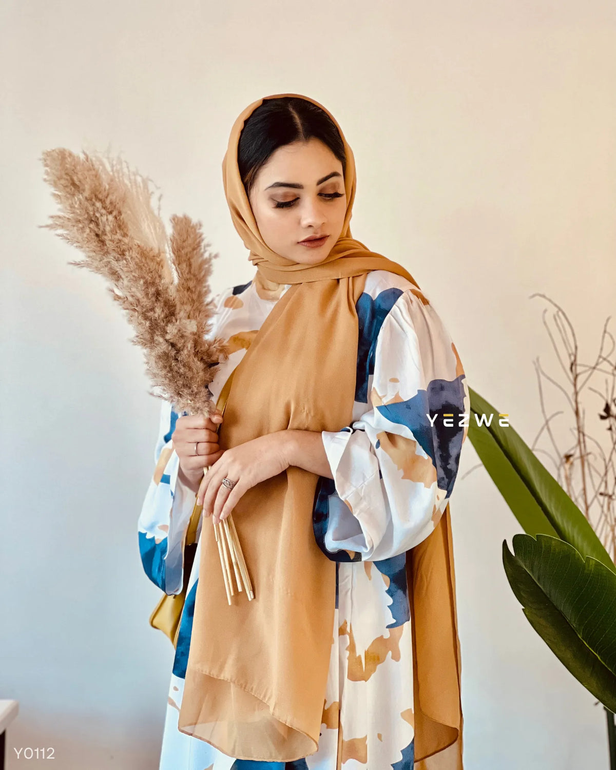 Yezwe Marble Print Blue and Beige Big Print Attached Belt Maxi Dress - Modest Wear - YEZWE