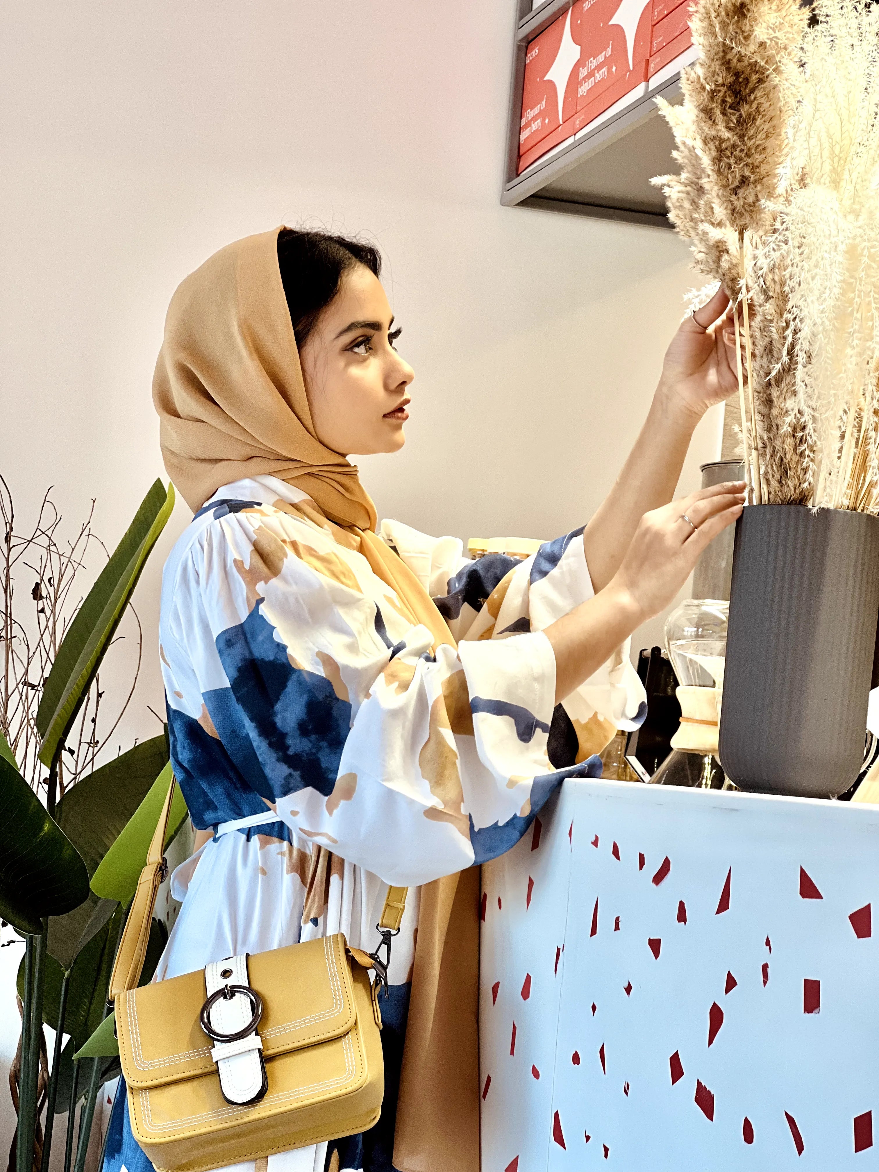 Yezwe Marble Print Blue and Beige Big Print Attached Belt Maxi Dress - Modest Wear - YEZWE