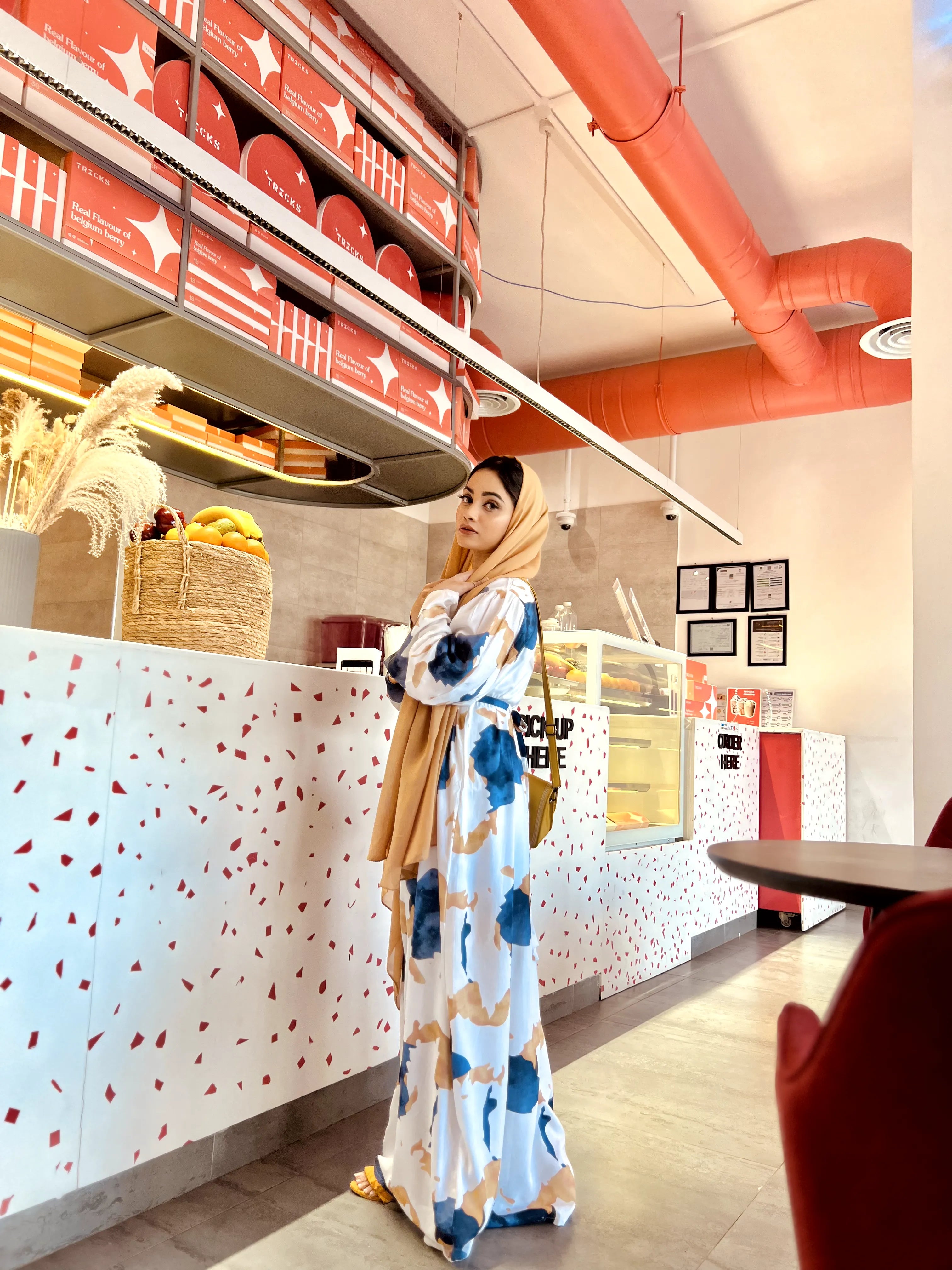 Yezwe Marble Print Blue and Beige Big Print Attached Belt Maxi Dress - Modest Wear - YEZWE