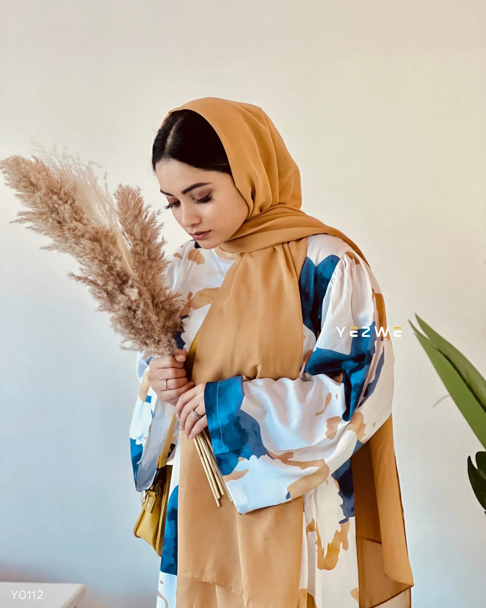 Yezwe Marble Print Blue and Beige Big Print Attached Belt Maxi Dress - Modest Wear - YEZWE