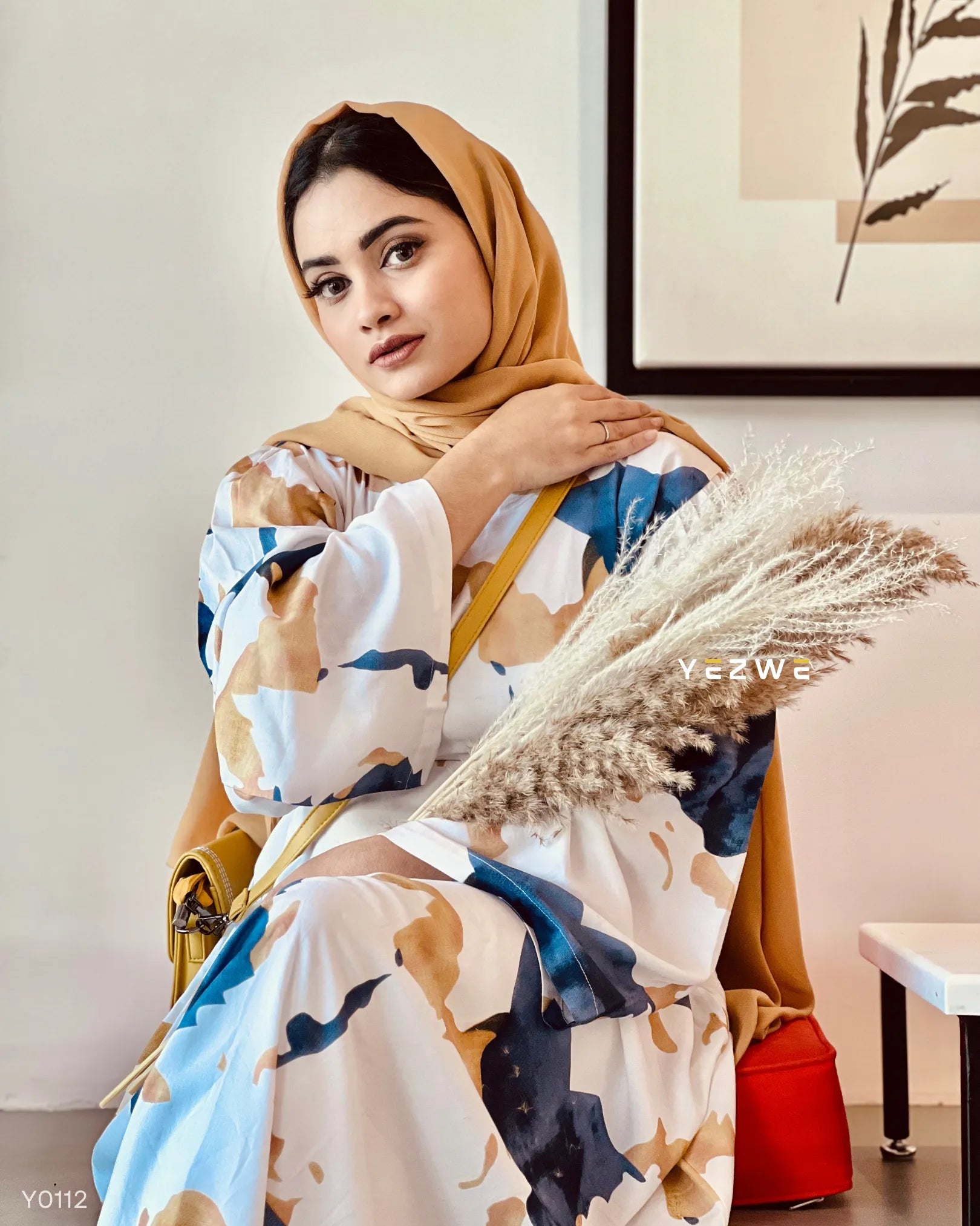 Yezwe Marble Print Blue and Beige Big Print Attached Belt Maxi Dress - Modest Wear - YEZWE