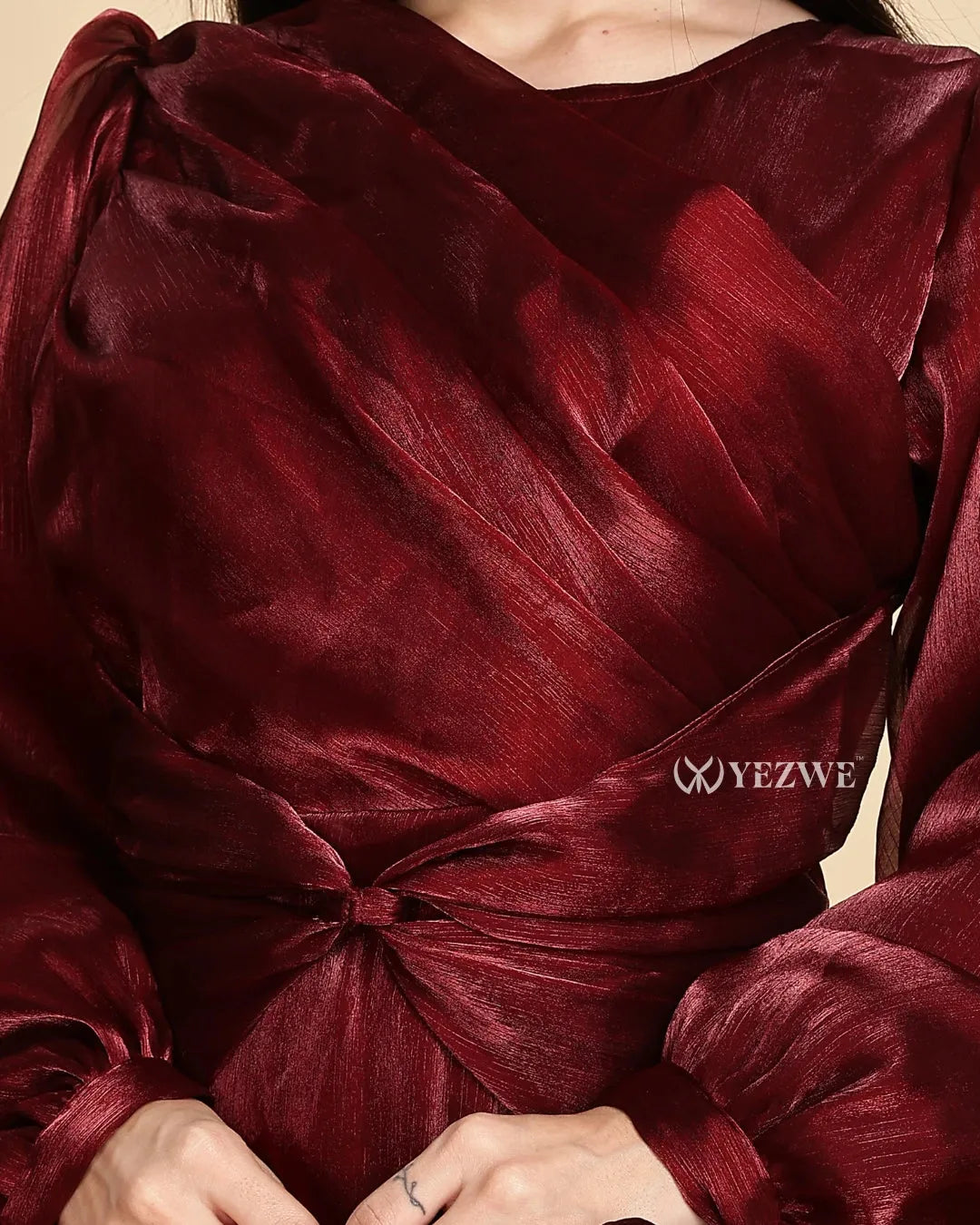 Yezwe modest maroon party gown featuring elegant wrapped bodice and long sleeves