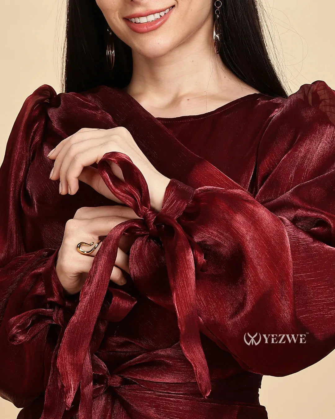Yezwe modest maroon party gown with elegant tied sleeves and a sophisticated shine