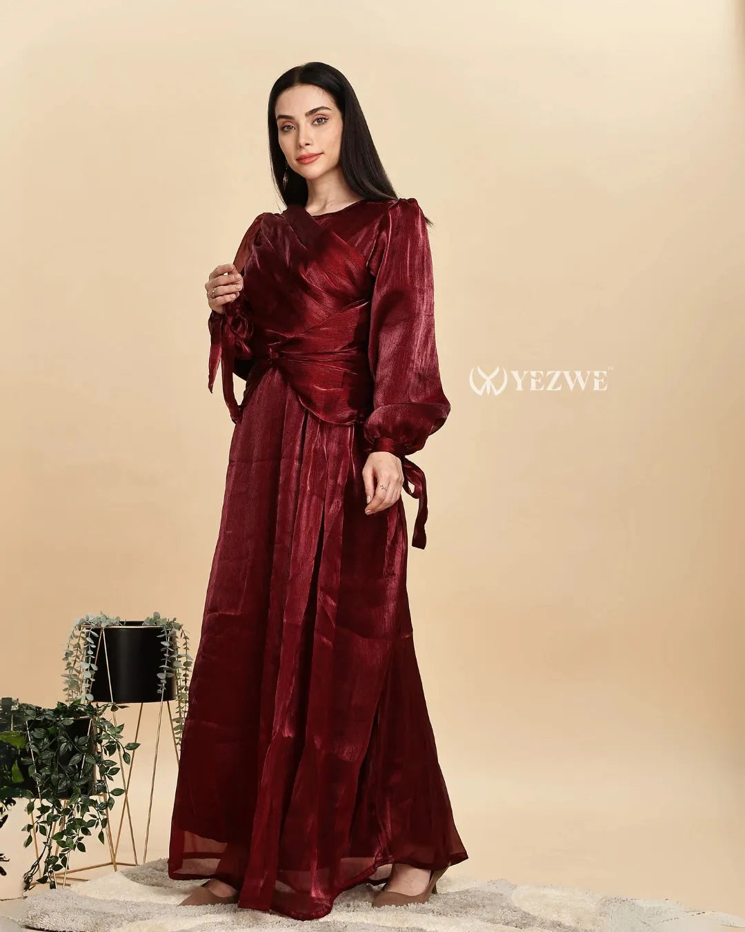 Elegant modest maroon party gown by Yezwe with long sleeves and stylish tie details