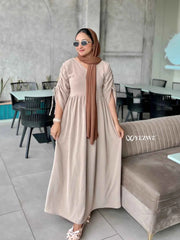 Modest maxi dress beige flare dress from YEZWE with elegant sleeves and comfortable fit