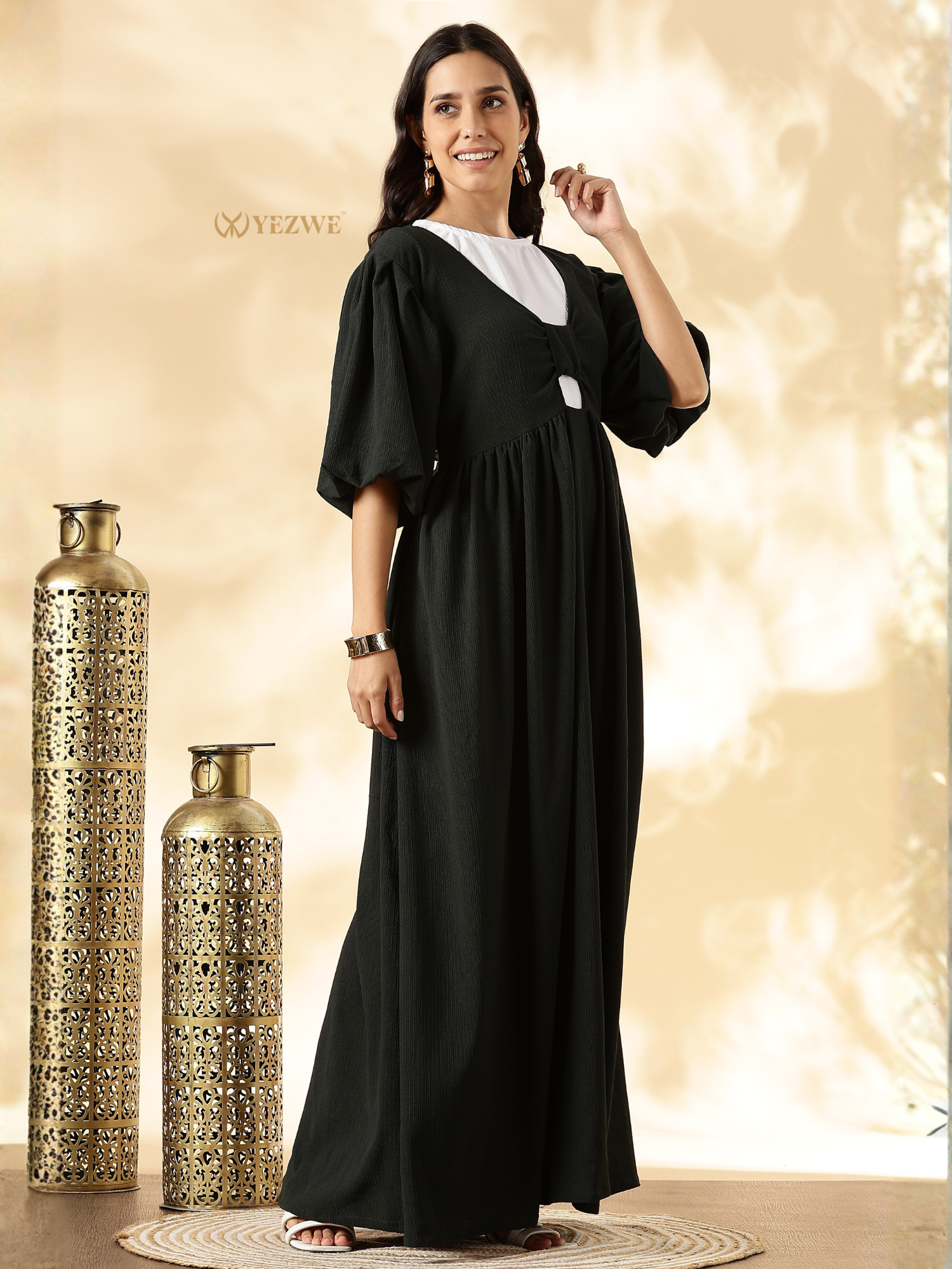 YEZWE Modest Maxi Dress in Black with Elegant Puff Sleeves and Fitted Waist Design