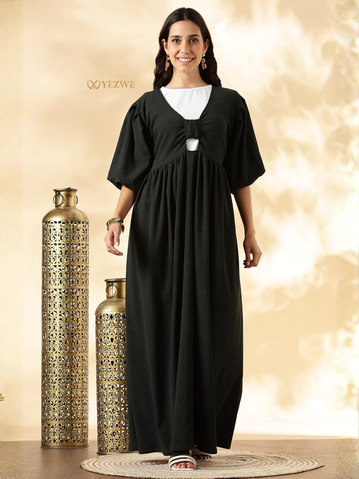 YEZWE Modest Maxi Dress in Black with Unique Cutout and Comfortable Fit for Everyday Wear