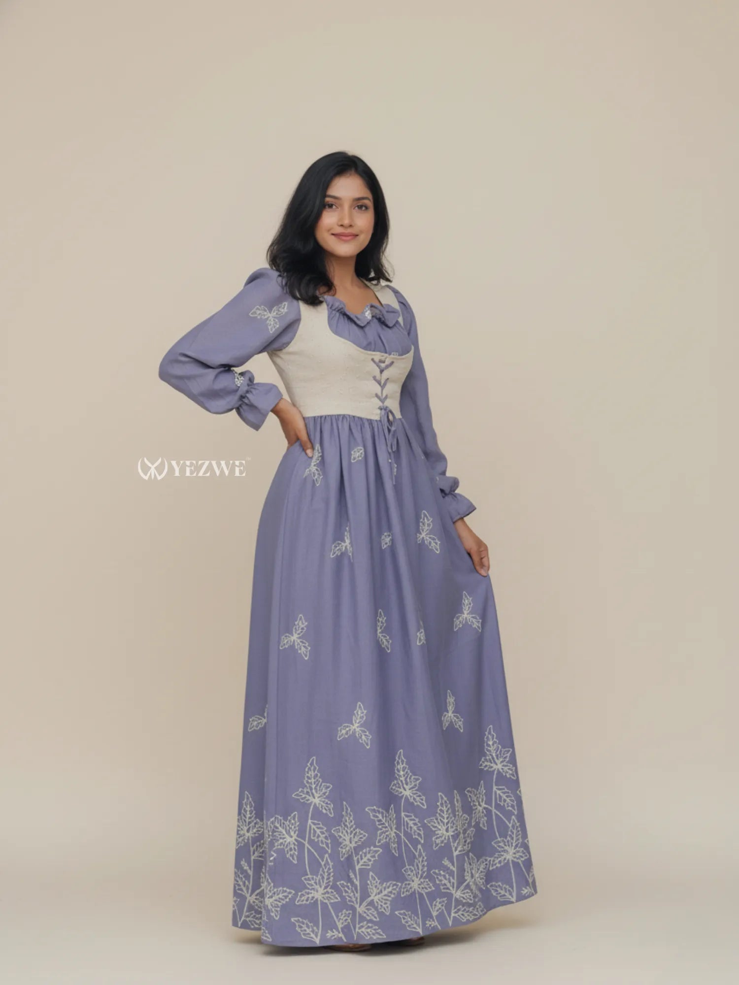 YEZWE Modest Maxi Dress in Lavender with Floral Embroidery and Puffed Sleeves