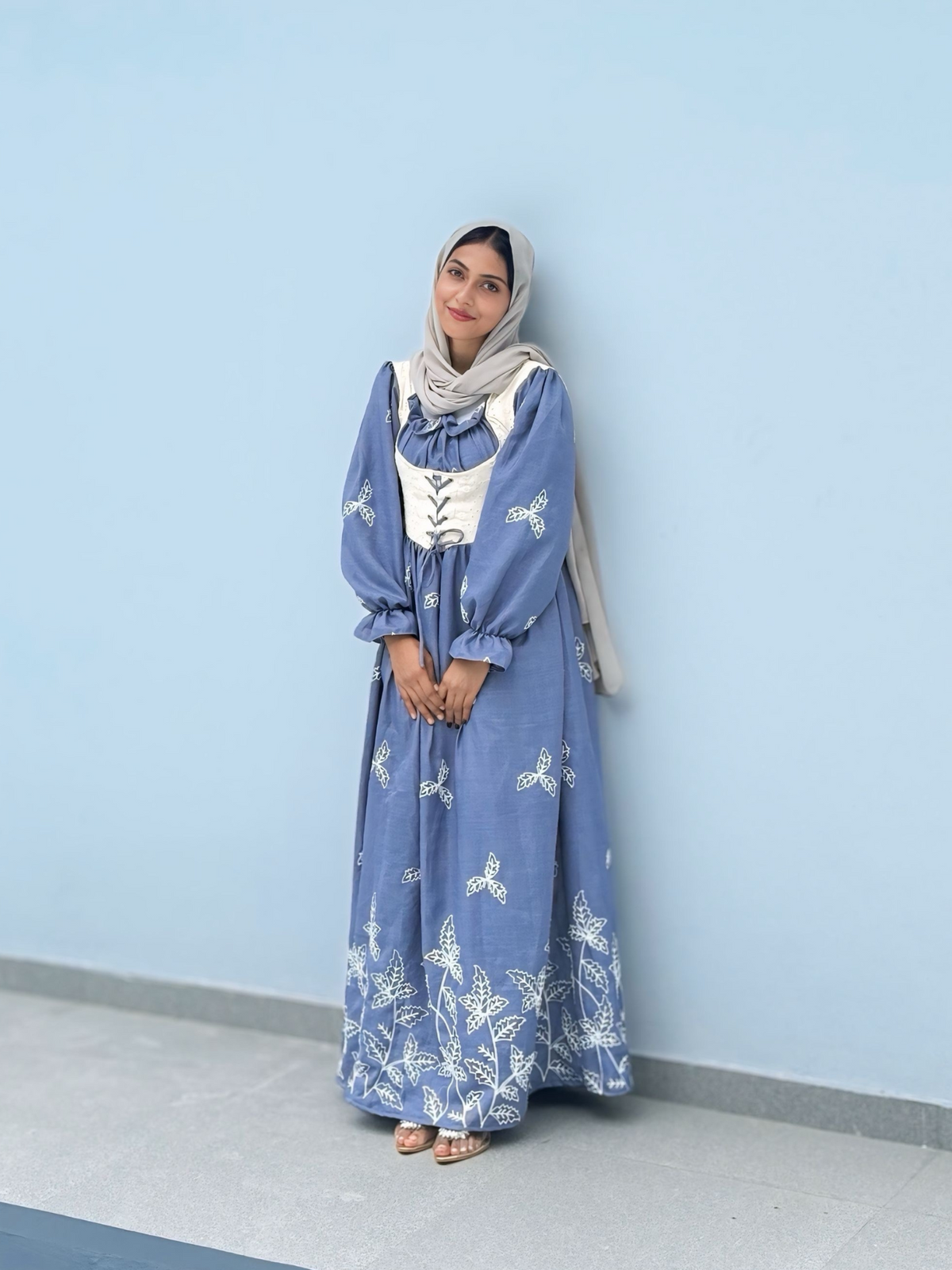 YEZWE Modest Maxi Dress in Blue with Elegant Butterfly Embroidery and Long Sleeves