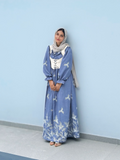 YEZWE Modest Maxi Dress in Blue with Elegant Butterfly Embroidery and Long Sleeves