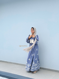 YEZWE Modest Maxi Dress in blue with floral patterns and long sleeves for elegant styling