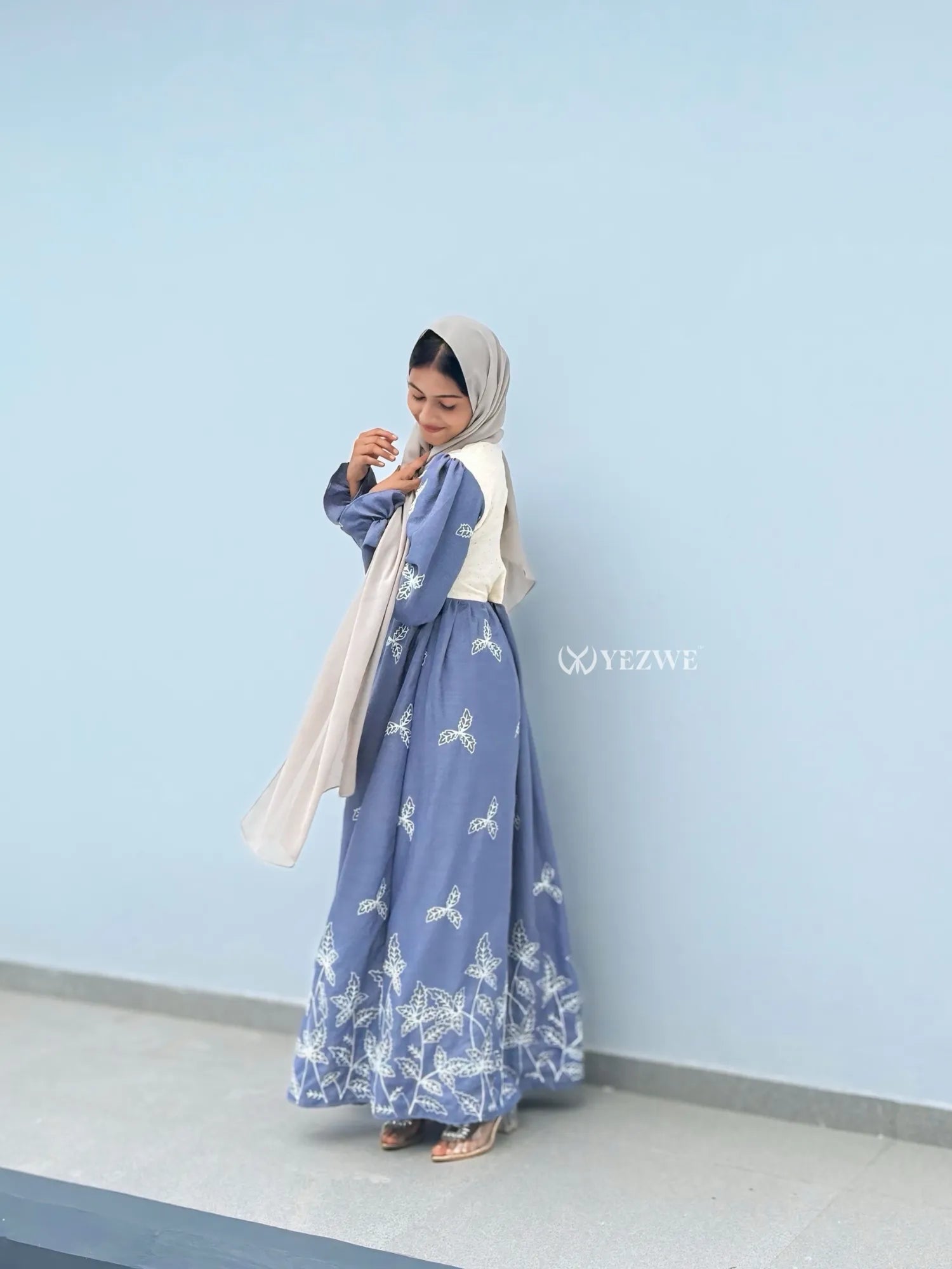 YEZWE Modest Maxi Dress in Blue with Elegant Floral Embroidery for Stylish Comfort