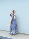 YEZWE Modest Maxi Dress in Blue with Elegant Floral Embroidery for Stylish Comfort