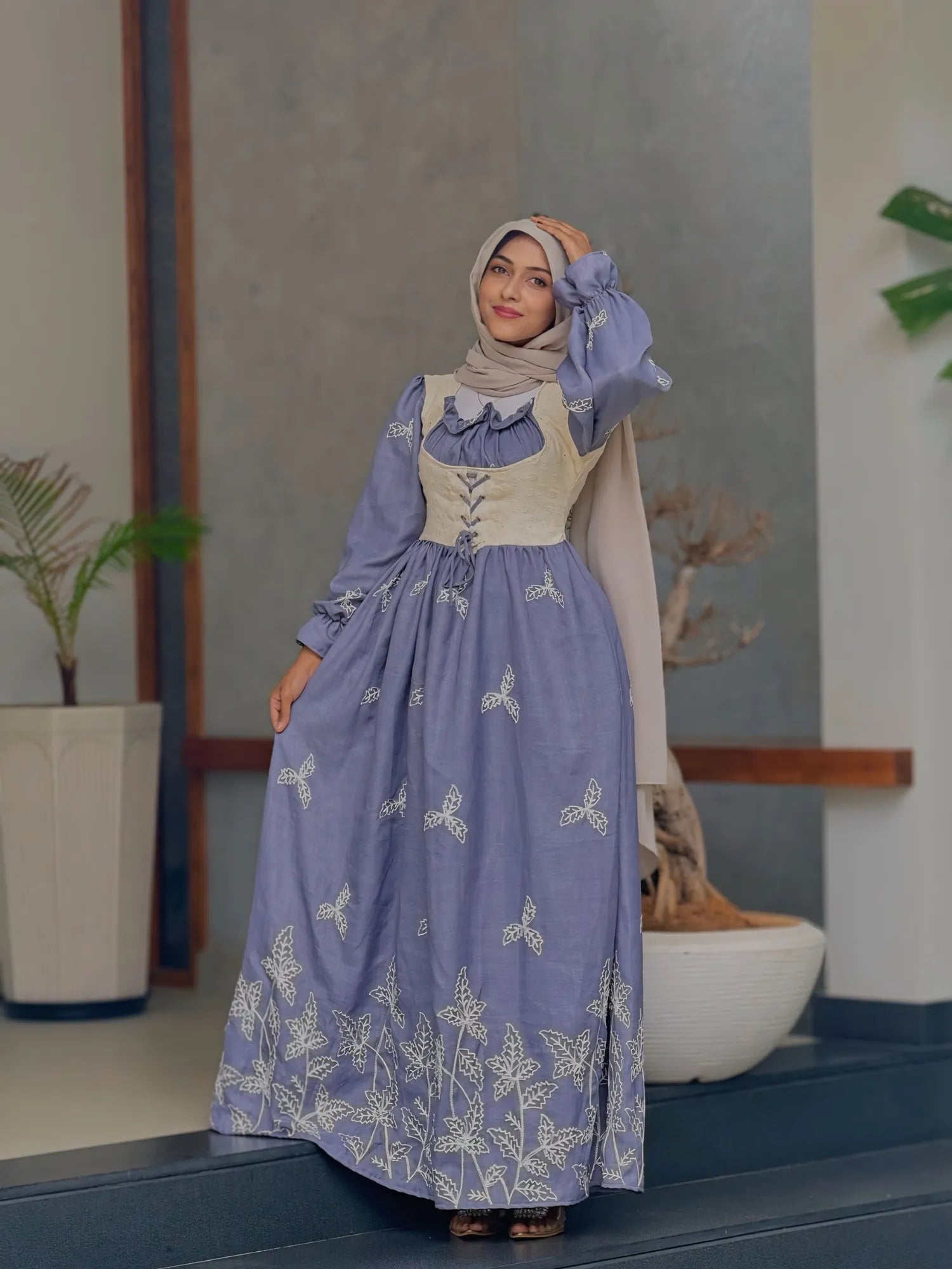 YEZWE Modest Maxi Dress in Blue with Floral Embroidery and Long Sleeves for Elegant Look