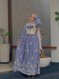 YEZWE Modest Maxi Dress in Blue with Floral Embroidery and Long Sleeves for Elegant Look