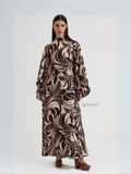 Yezwe modest maxi dress with long sleeves and brown abstract floral pattern