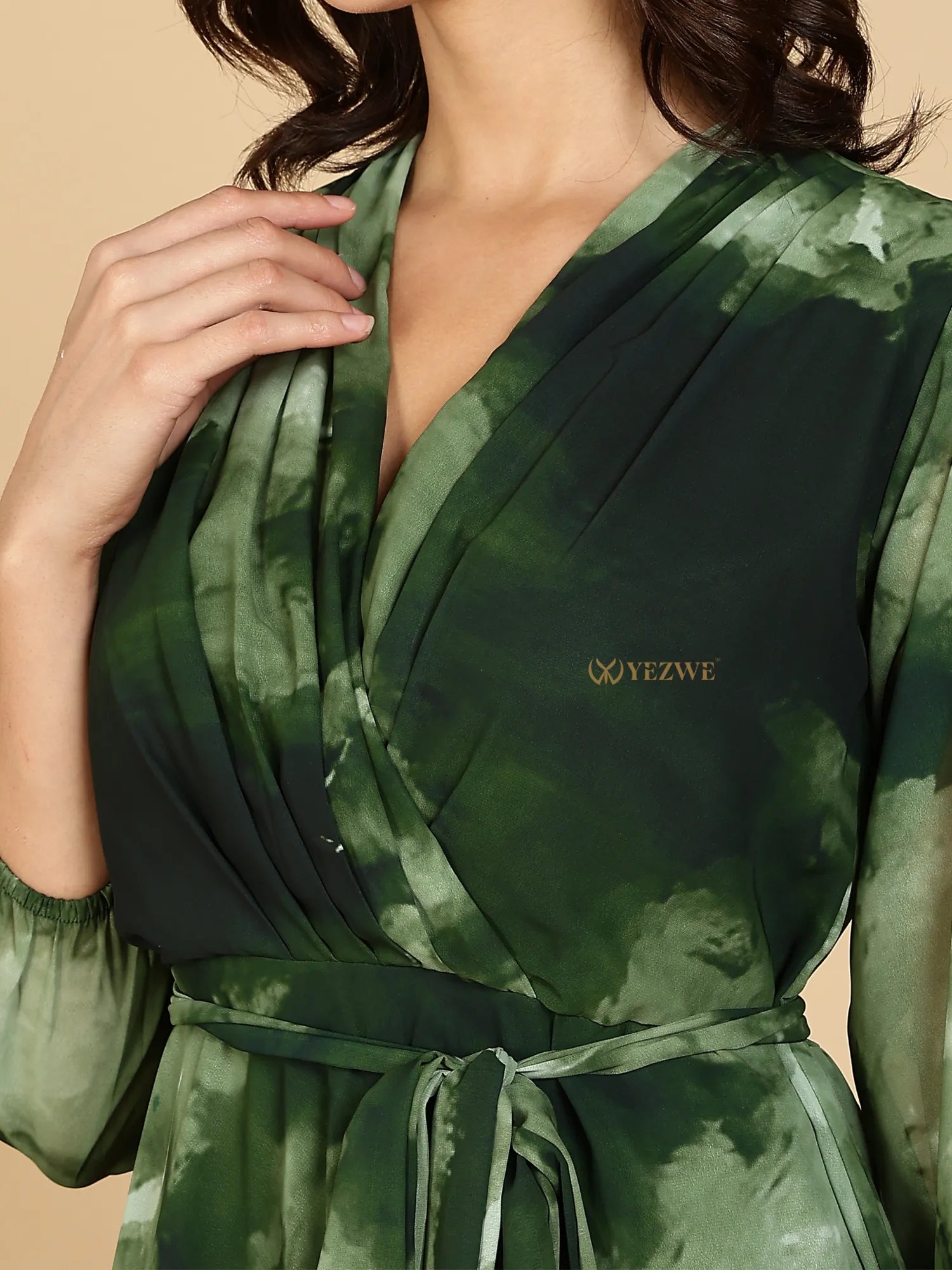 Yezwe Modest Maxi Dress green watercolor wrap style with surplice neckline waist tie and sheer long sleeves