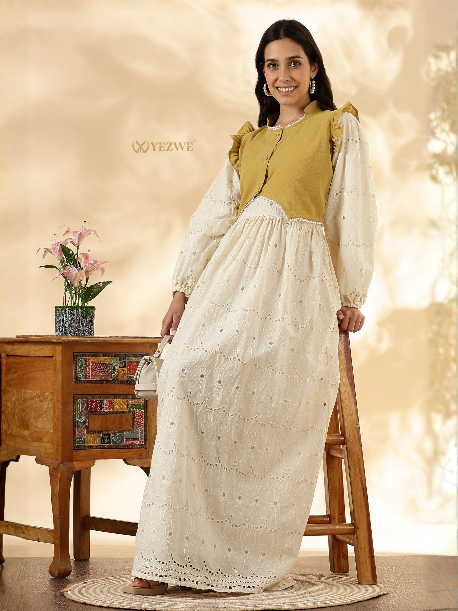 YEZWE Modest Maxi Dress in Ivory with Ruffled Sleeves and Button Front Design