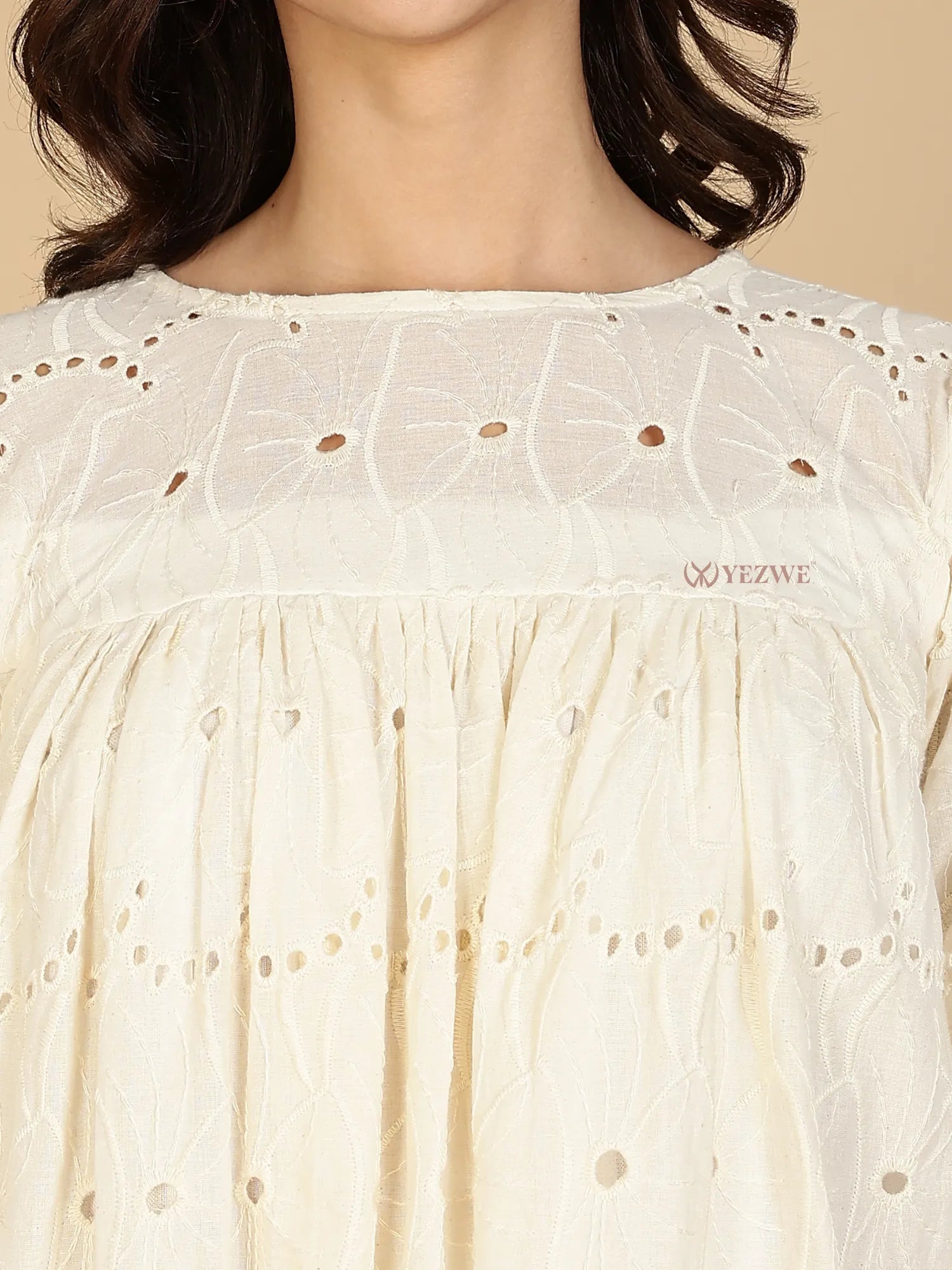 YEZWE Modest Maxi Dress cream eyelet embroidered yoke with gathered bodice and round neckline