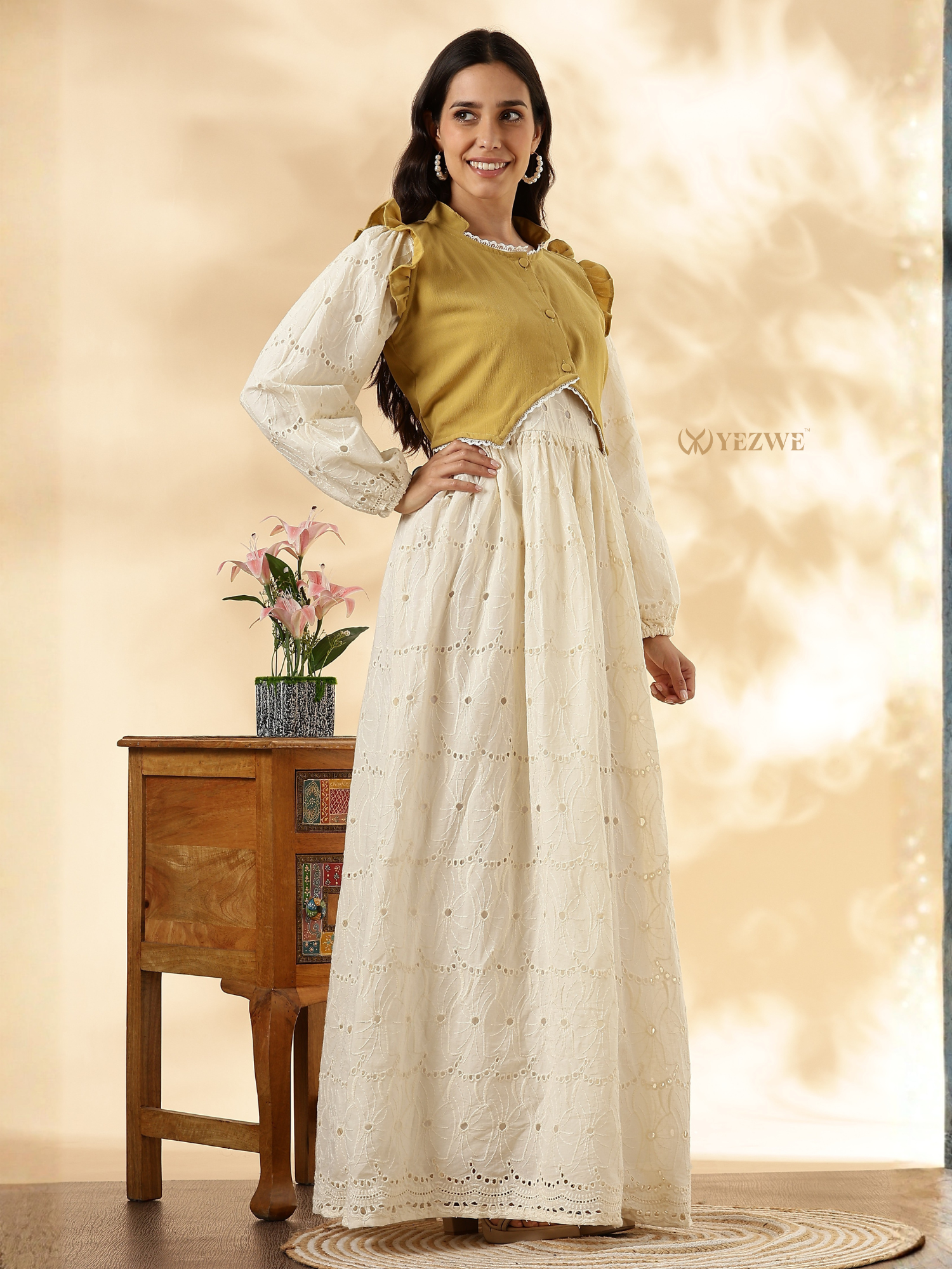 YEZWE Modest Maxi Dress with Elegant Sleeves and Embroidered Detailing for Stylish Comfort