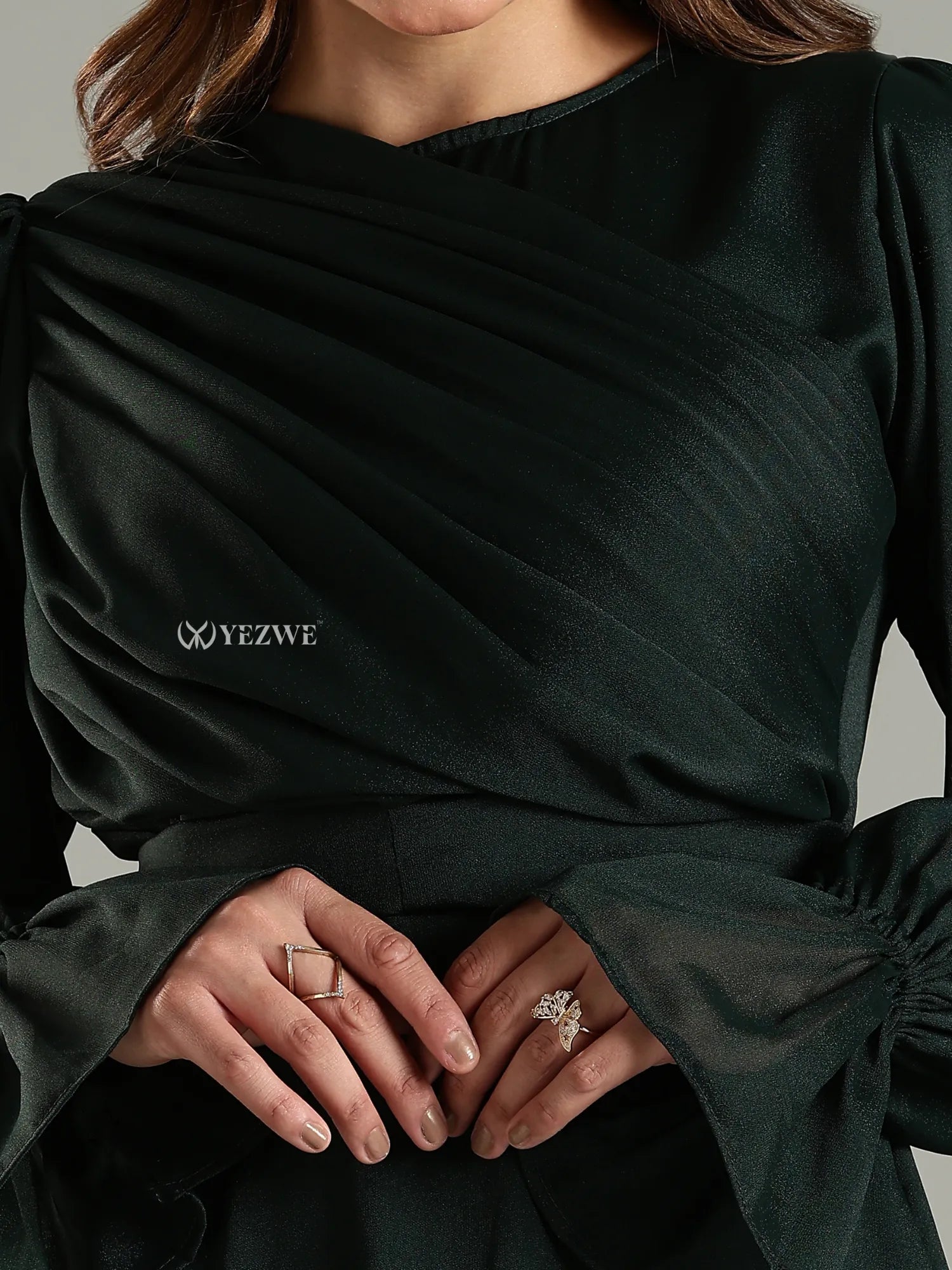 Yezwe modest maxi dress in black with pleated details and long puffed sleeves