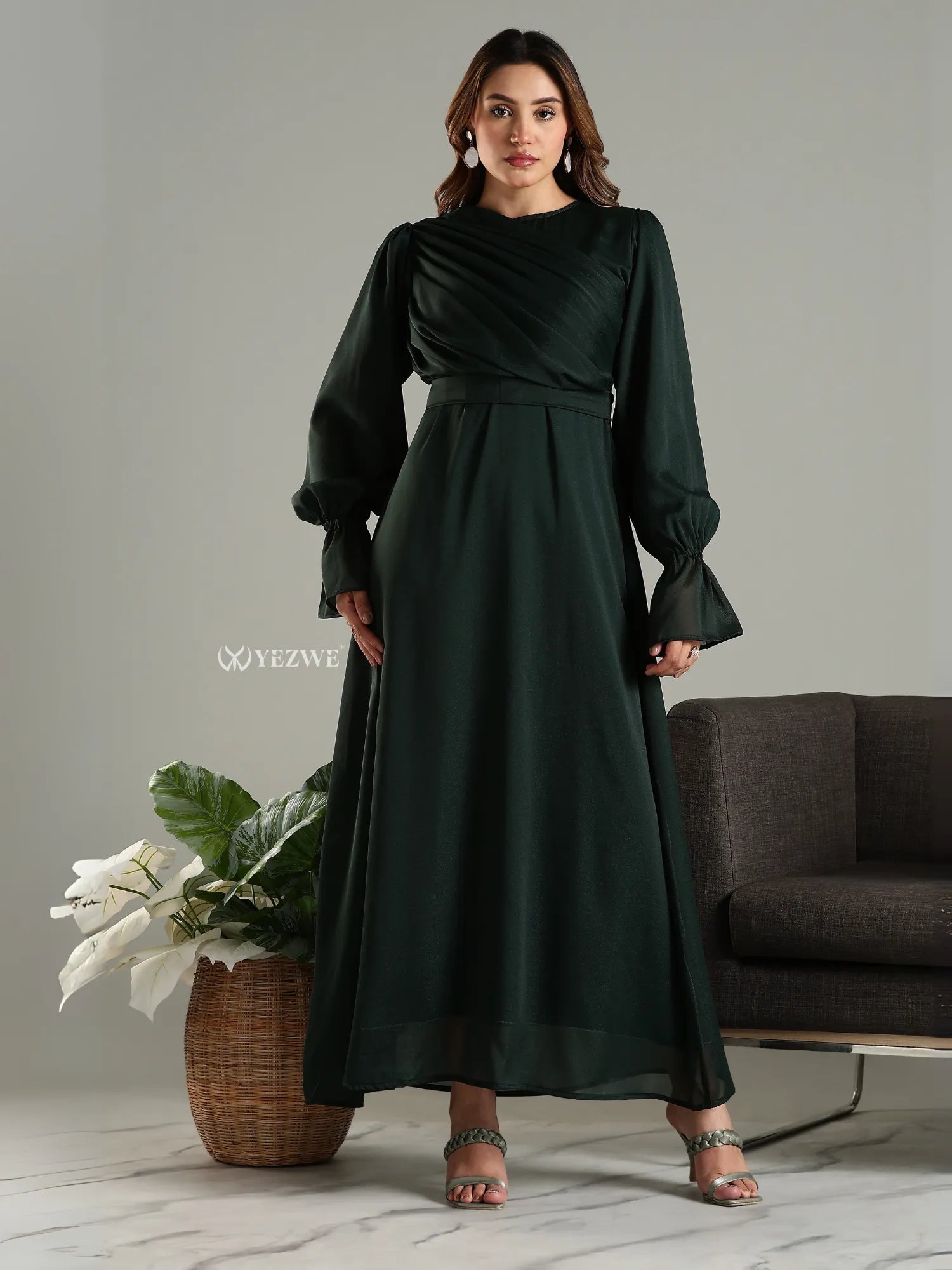 Yezwe elegant black modest maxi dress with long puff sleeves and gathered waist design