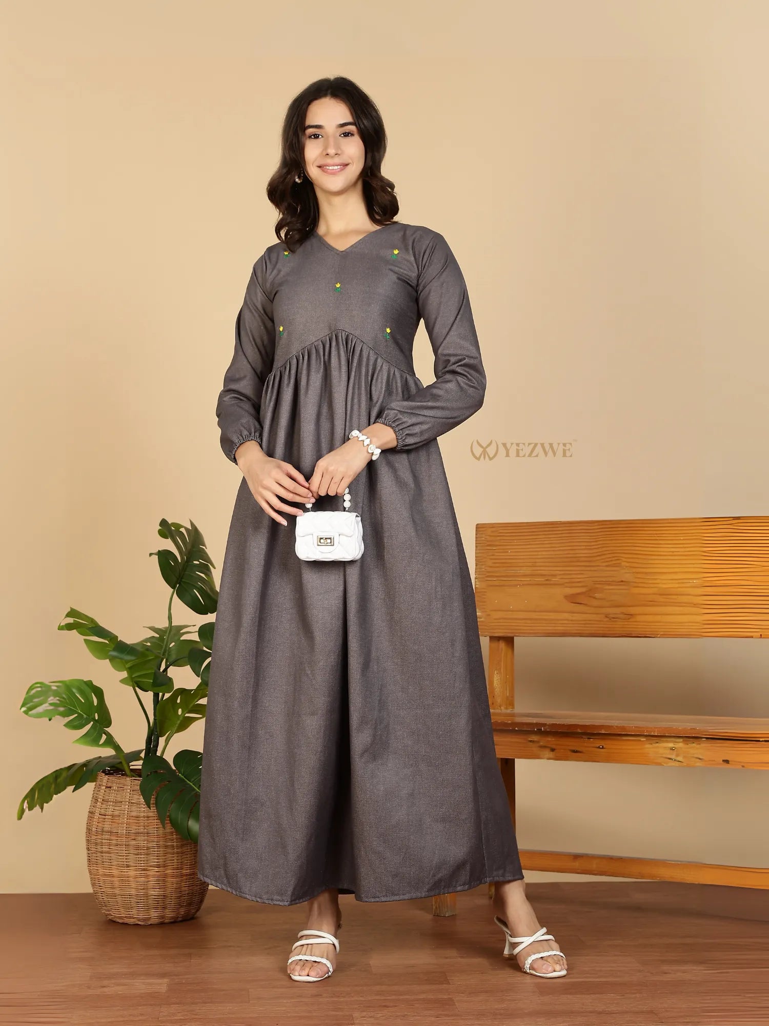 Yezwe Modest Maxi Dress gray long sleeve V neck empire waist model holding white purse