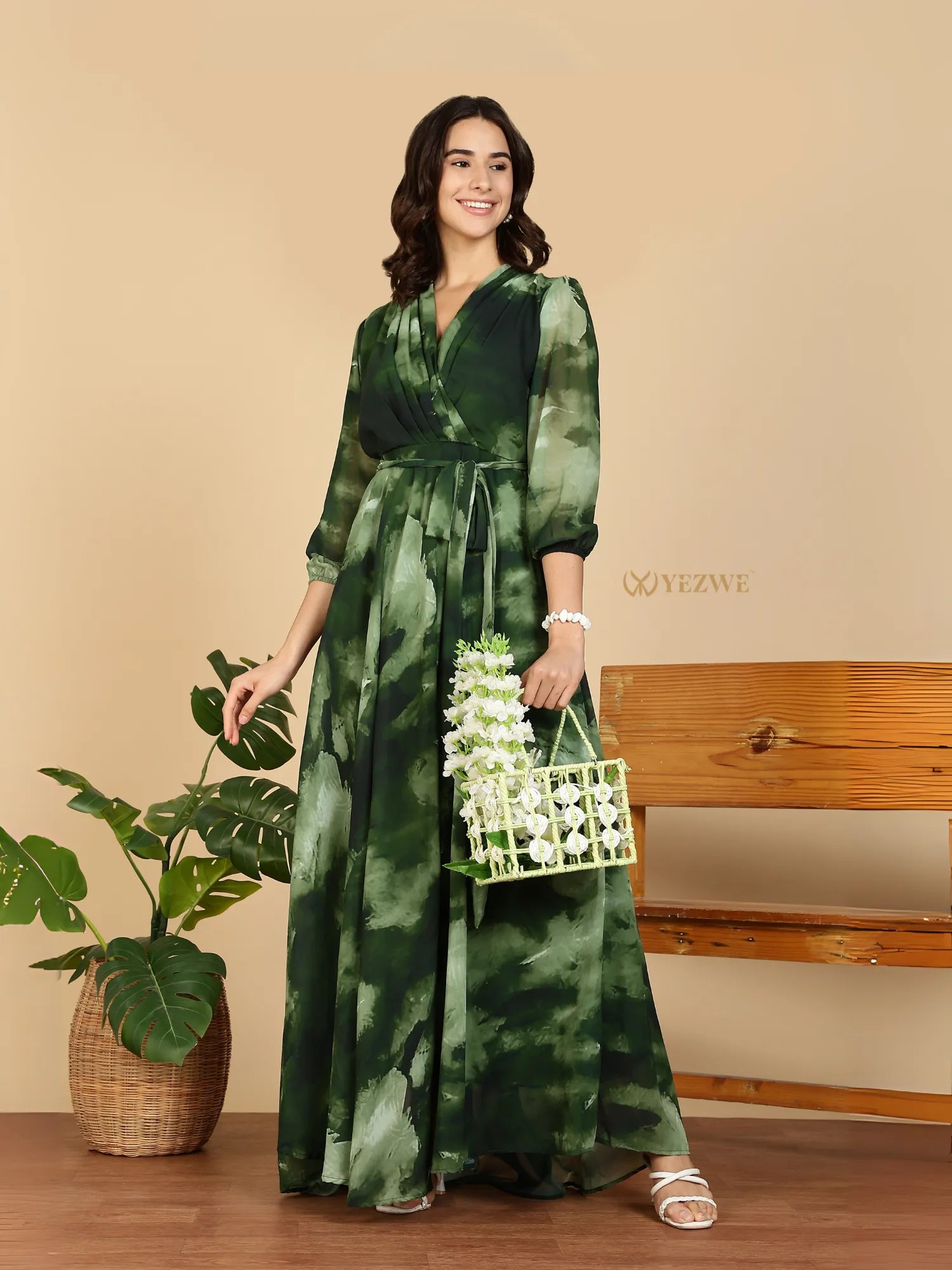 Yezwe Modest Maxi Dress in green watercolor print with wrap V neck long sleeves and waist tie