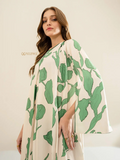 Yezwe modest maxi dress tunic with green leaf print and flowing long sleeves