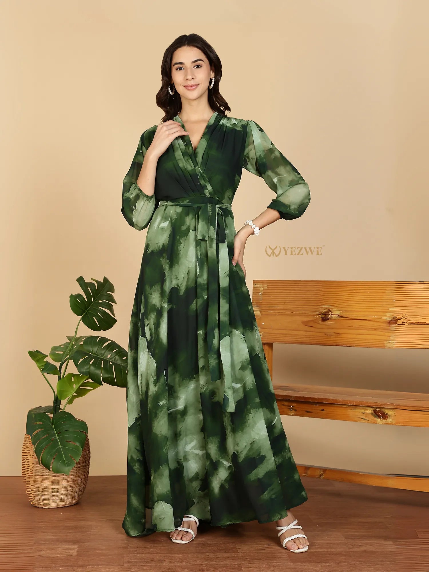 Yezwe Modest Maxi Dress green watercolor print wrap style with long sleeves and waist tie for events