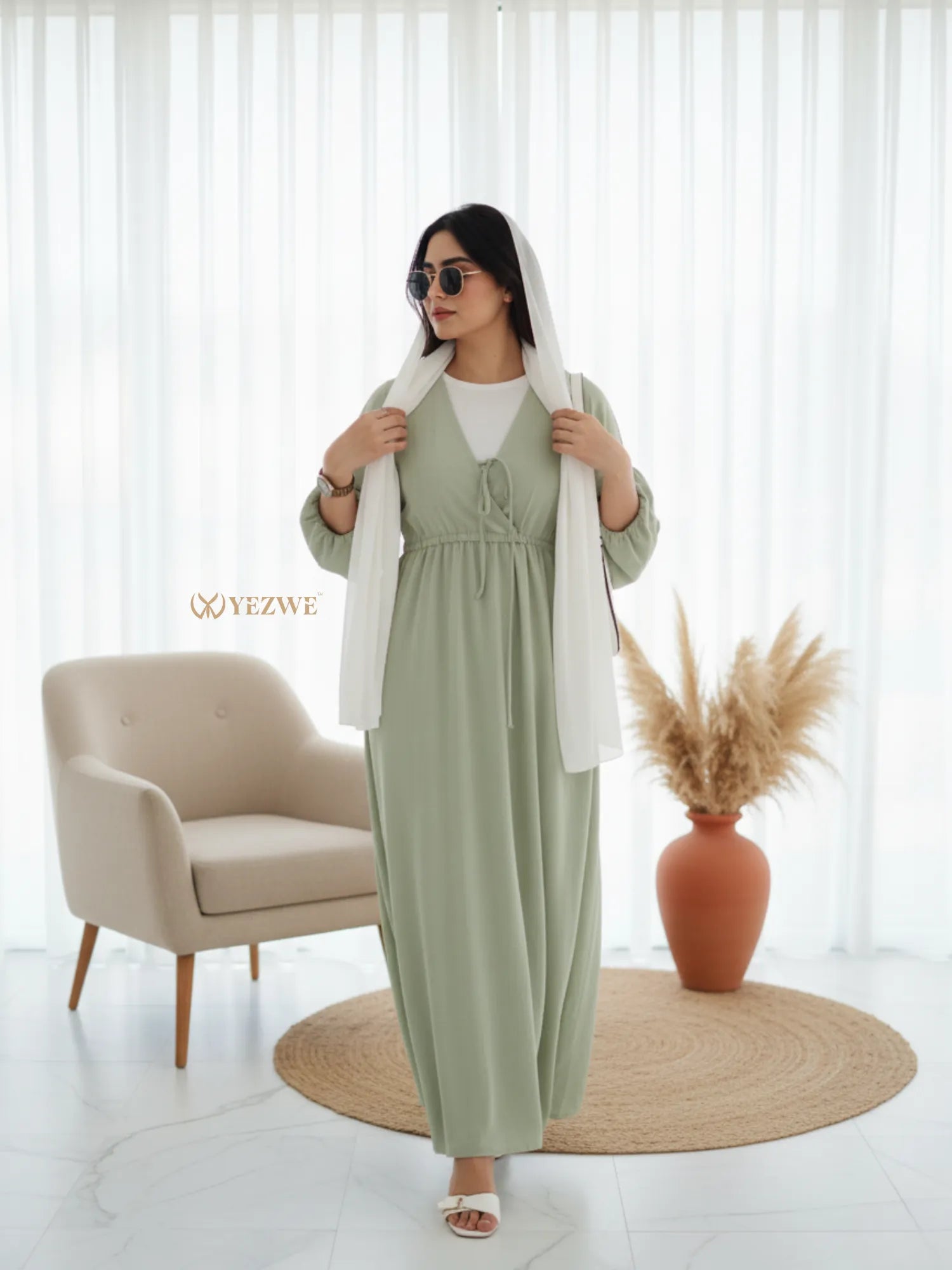 YEZWE Modest Maxi Dress in Soft Green with a Relaxed Fit and Tie Detail for Comfortable Wear