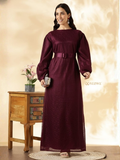 YEZWE Modest Maxi Dress in burgundy with long sleeves and a stylish belt detail