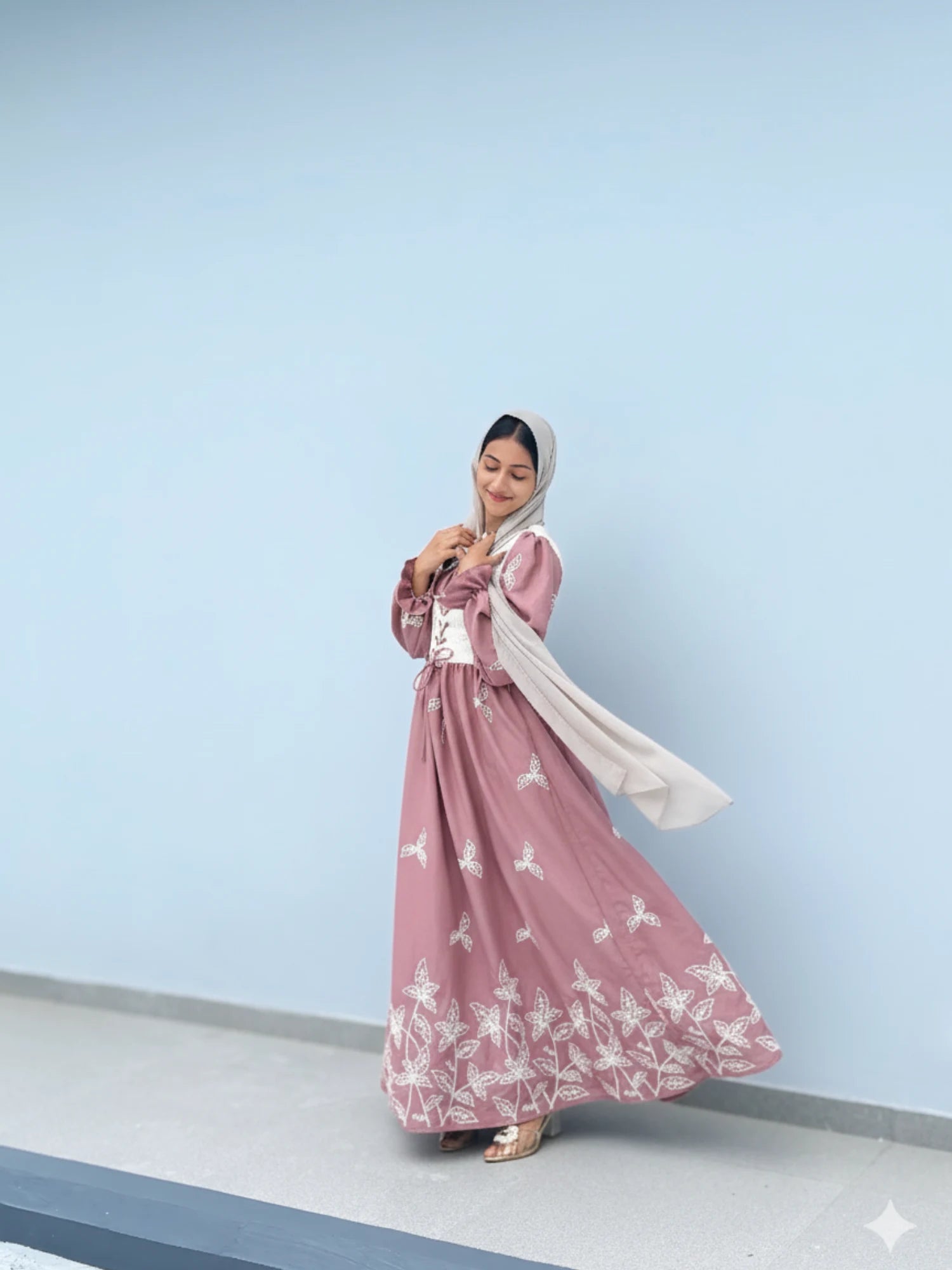 YEZWE Modest Maxi Dress in Pink with Floral Patterns and Elegant Flowing Design
