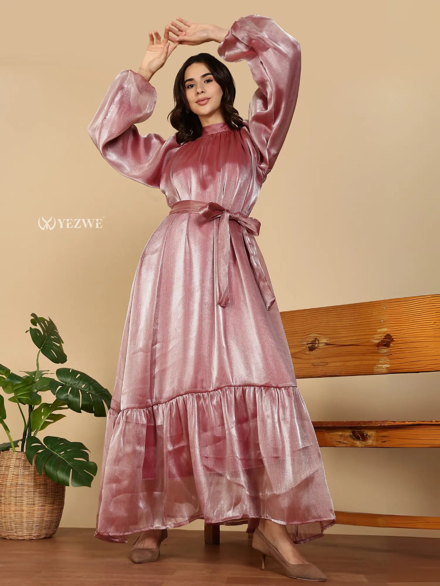 YEZWE Modest Maxi Dress shimmery rose pink bishop sleeves tie waist tiered hem floor length