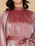 YEZWE Modest Maxi Dress metallic rose pink high neck pleated bodice long sleeves waist tie