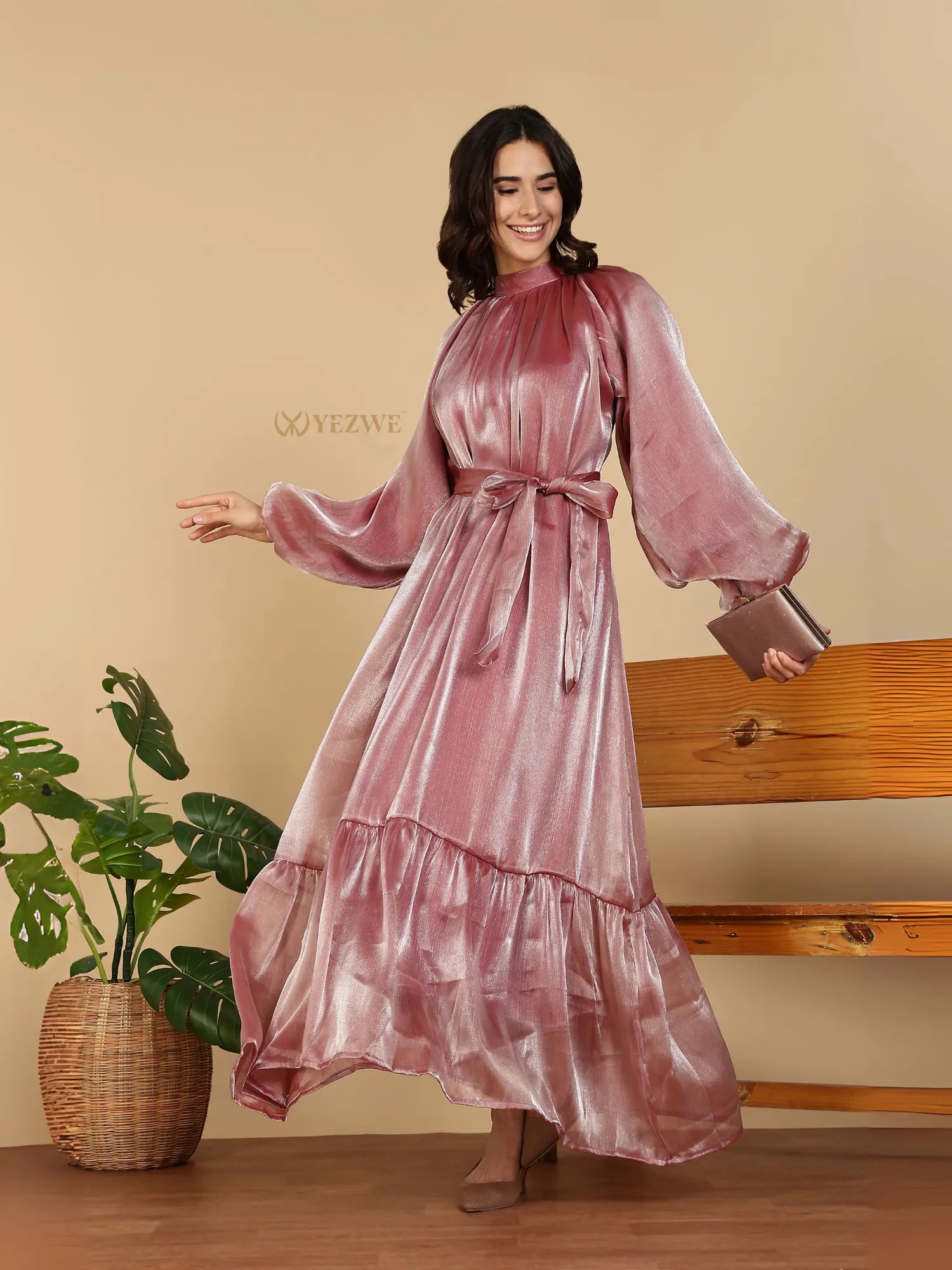 YEZWE Modest Maxi Dress in rose velvet with long puff sleeves high neckline sash belt and tiered hem