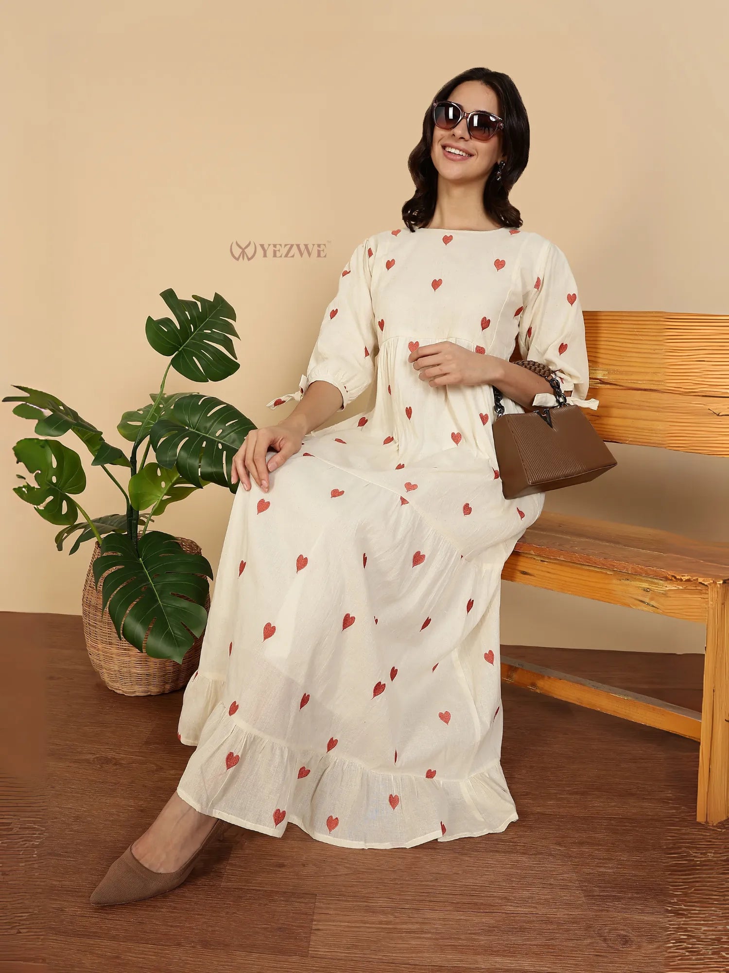 Yezwe Modest Maxi Dress cream cotton with red heart print long sleeves tie cuffs ruffle hem