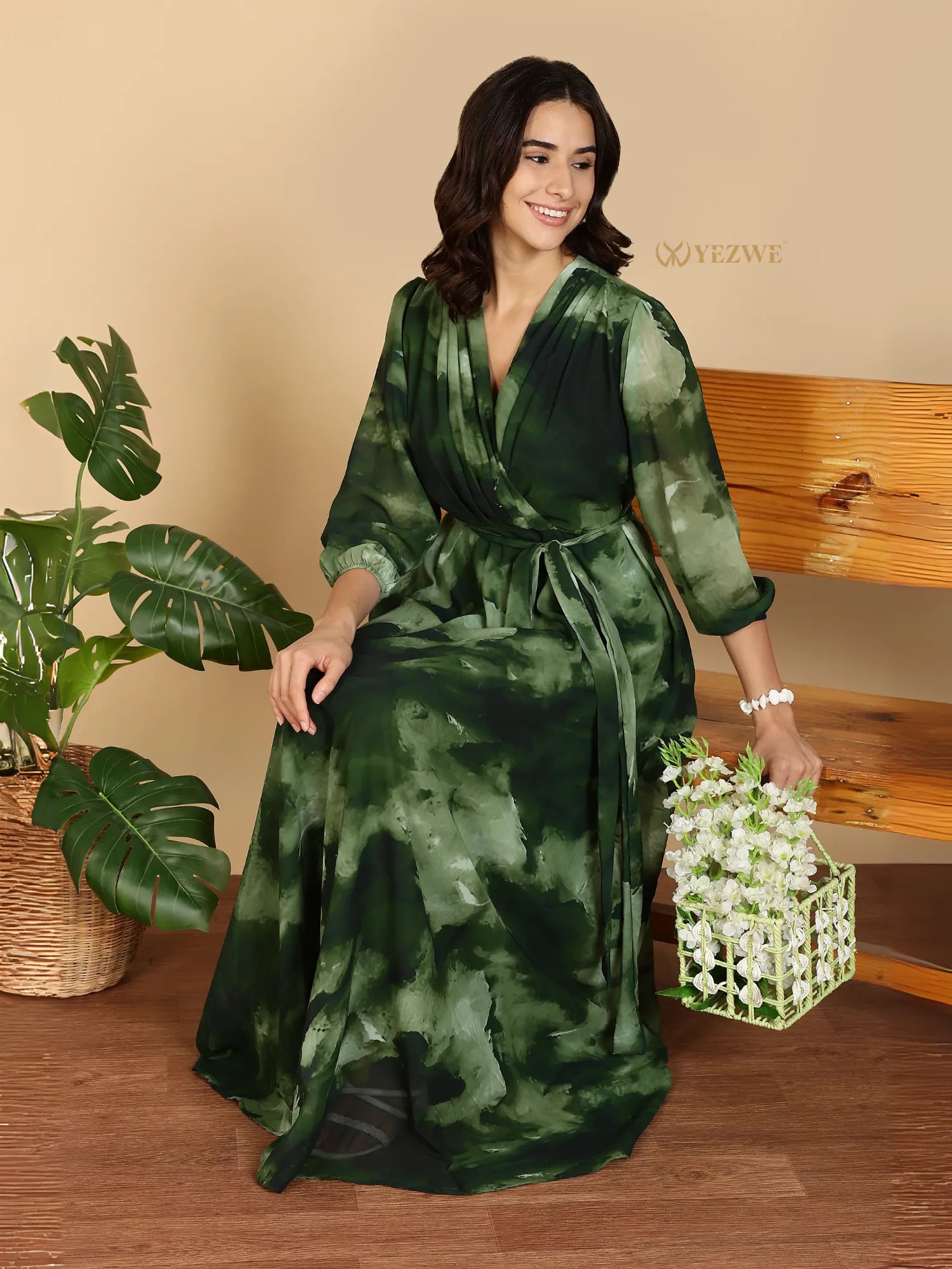 Yezwe Modest Maxi Dress green tie dye wrap style with long sleeves waist tie flowing skirt ideal for events