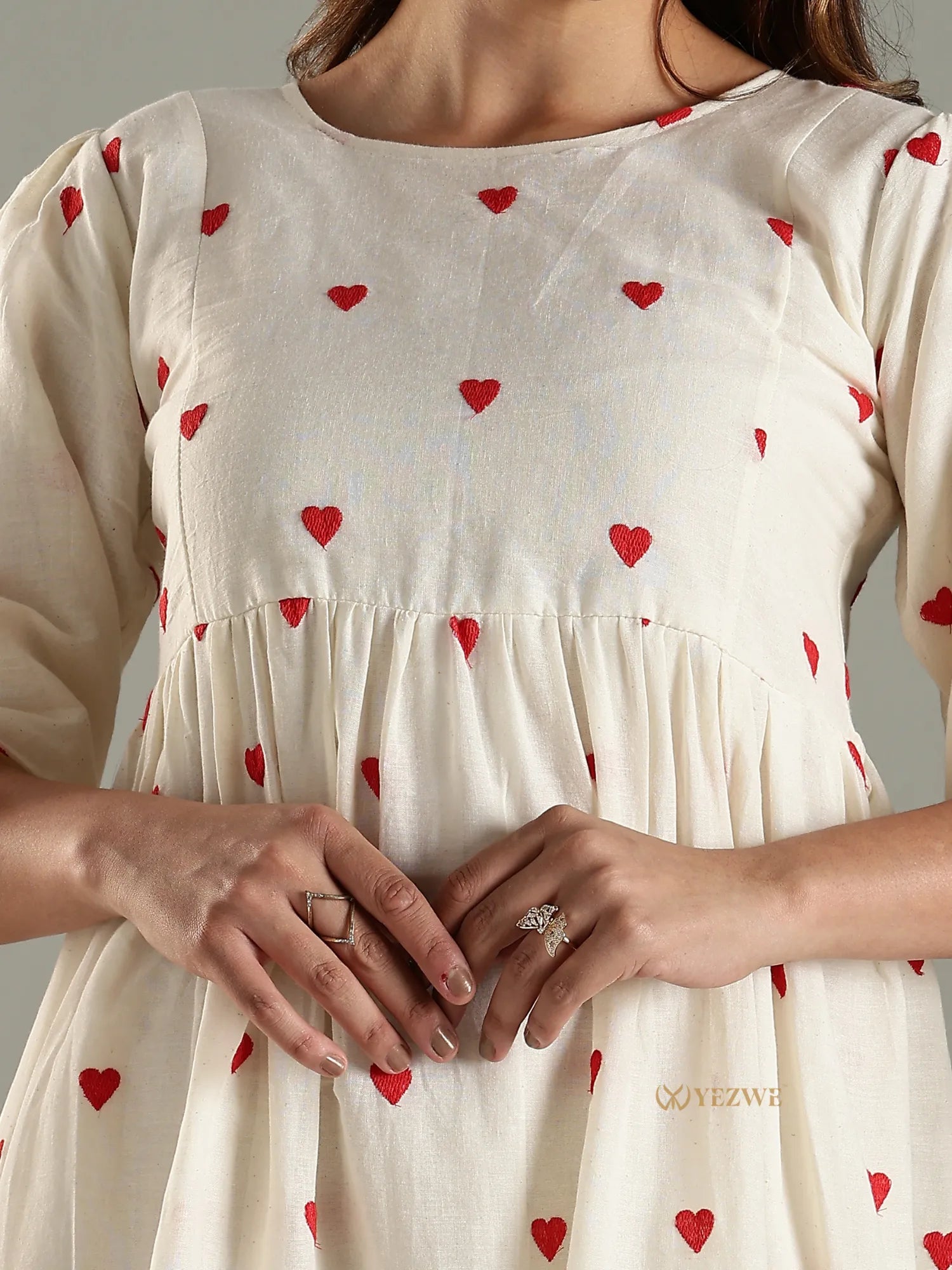 Yezwe modest maxi dress in cream with red heart pattern and long sleeves