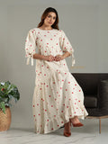 Yezwe modest maxi dress in cream with red heart prints and puff sleeves with tie details