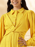 YEZWE Yellow Modest Maxi Dress with Buttoned Collar and Twisted Front Detail
