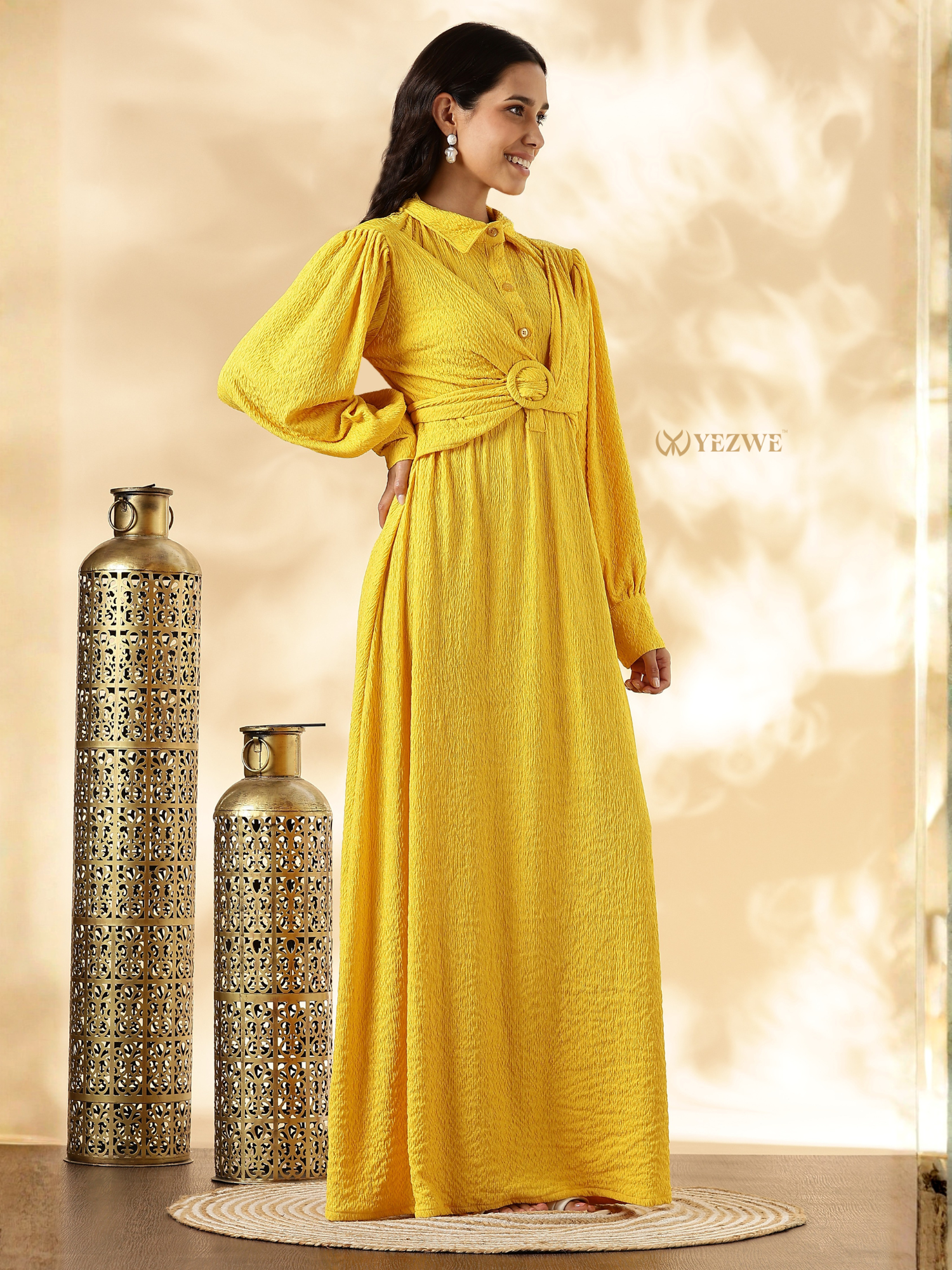 YEZWE Yellow Modest Maxi Dress with Long Sleeves and Belted Waist for Elegant Style