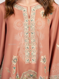 YEZWE Modest Maxi Top in Soft Peach with Floral Embroidery and Button Detail