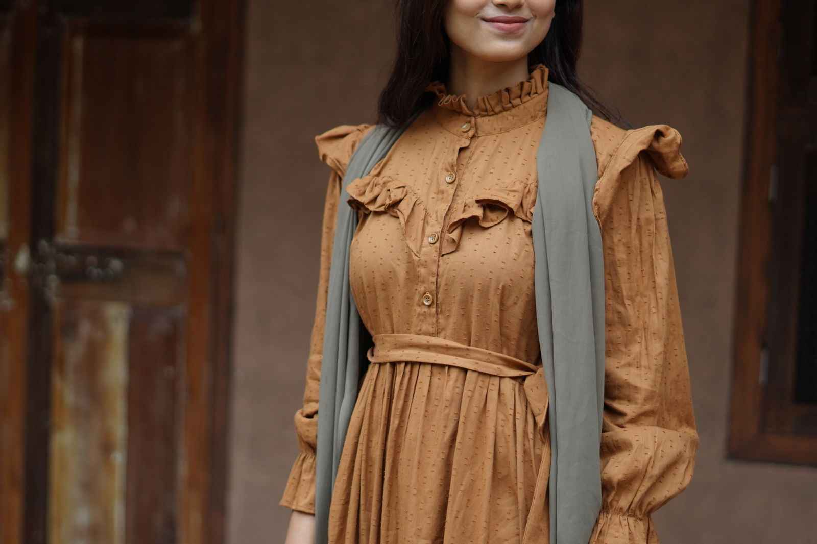 Yezwe modest mustard yellow maxi dress with ruffle details and a belted waist for a stylish look